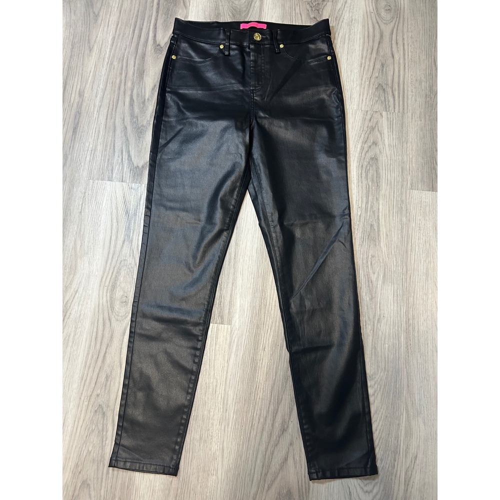 Lilly Pulitzer Womens Worth Skinny Coated Denim Pants 8 Black Faux Leather Look